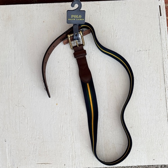 Polo by Ralph Lauren Navy, Yellow & Green Striped Belt with Cow Leather Belt - Picture 2 of 10